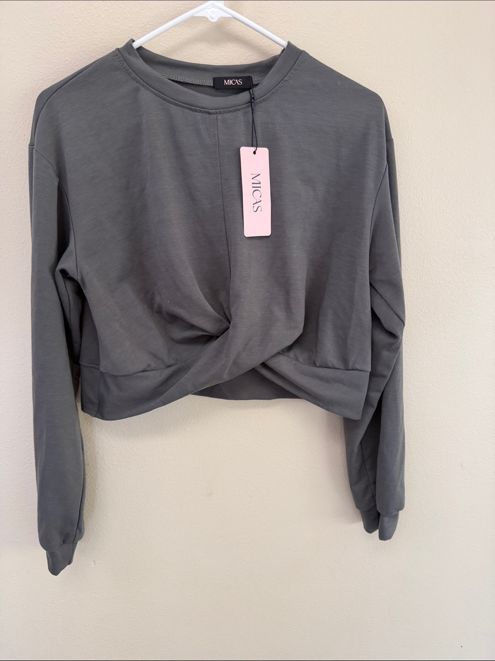 MICAS Gray Twist-Front Cropped Sweatshirt